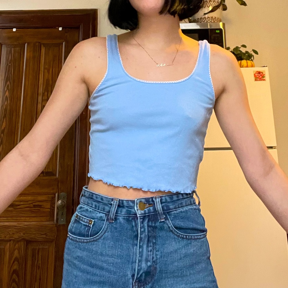 cute pacsun basics blue tank w white trim!